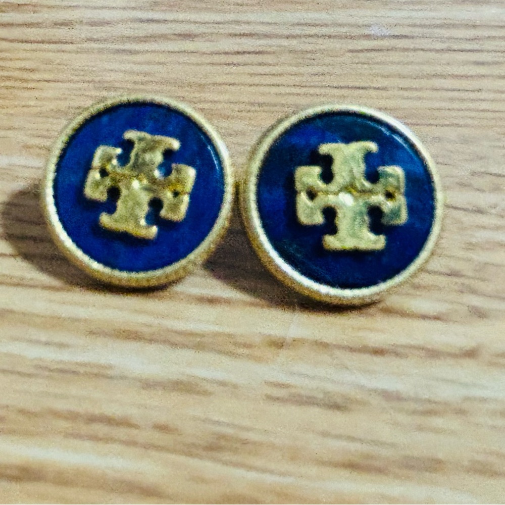 Tory Burch semiprecious lapis blue round button stud logo earrings - Picture 8 of 10